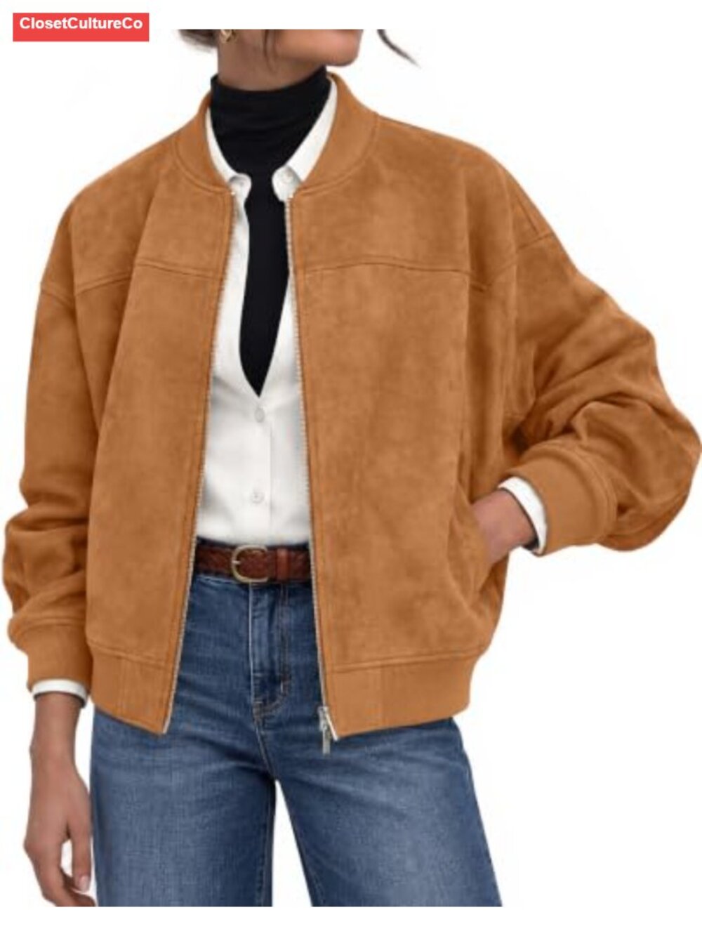 Faux Suede Bomber Jacket Womens Cropped Zip Up Casual Fall Outwear
